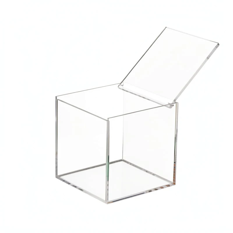Caja Expositora Cúbica de Acrílico Transparente con Tapa Abatible y Bisagra
