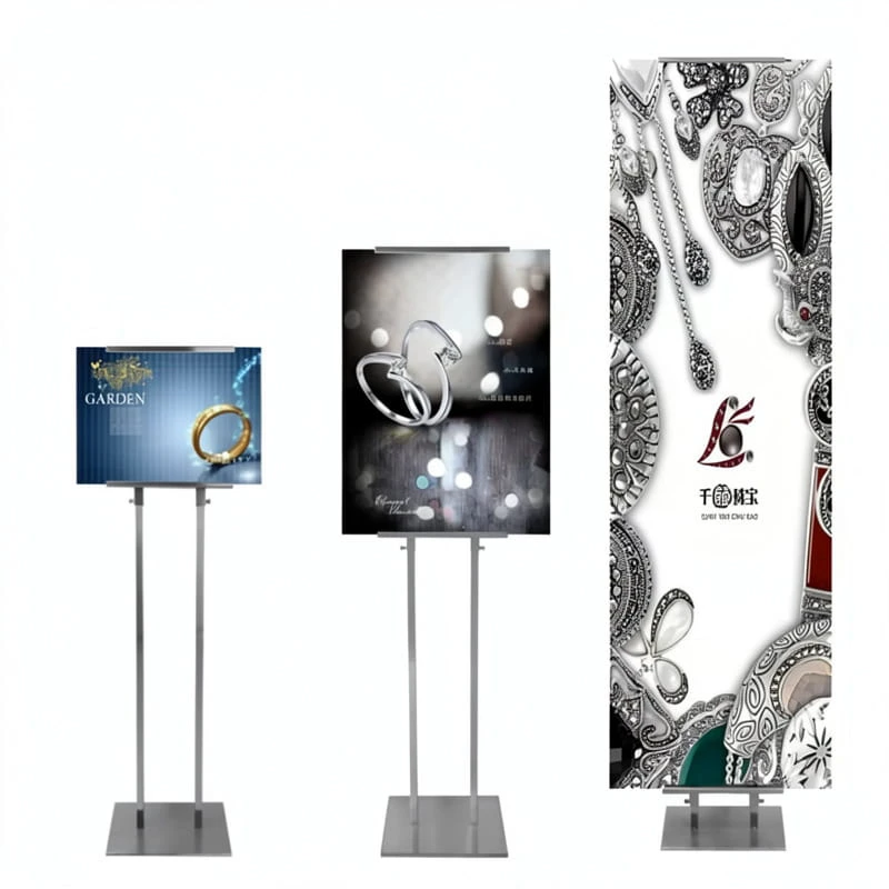 Supporto per poster da pavimento in acciaio inox con palo regolabile e morsetti