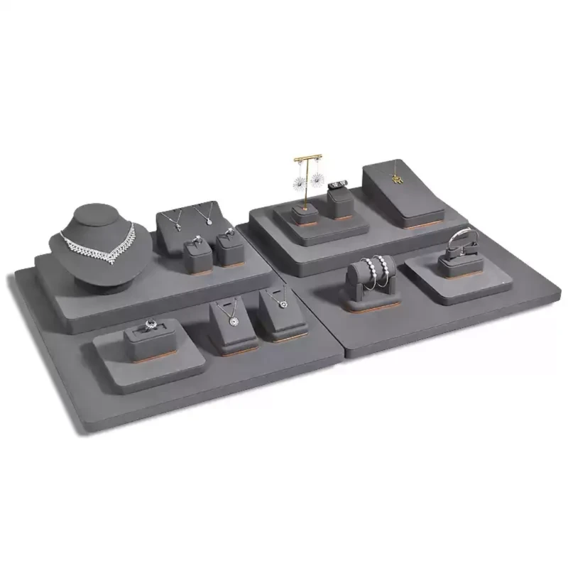 Modular Combinable Gray Velvet Jewelry Suite Display Set