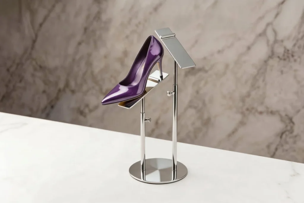 une paire présentée sur un support pour talons hauts